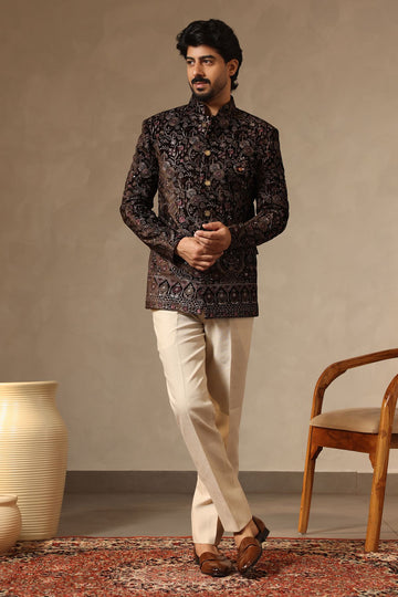 Floral Coffee Brown Embroidered Jodhpuri Jacket with Formal Trousers
