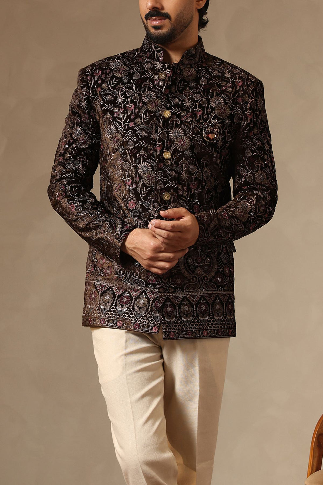 Floral Coffee Brown Embroidered Jodhpuri Jacket with Formal Trousers