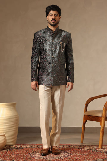 Floral Sage Green Embroidered Jodhpuri Jacket with Formal Trousers