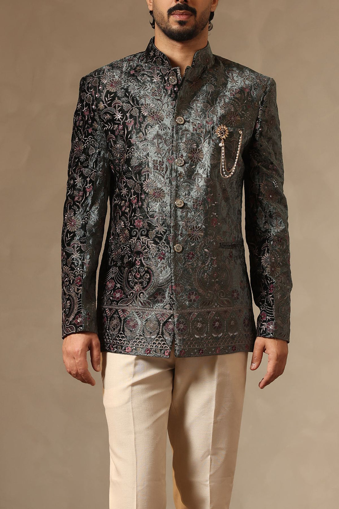 Floral Sage Green Embroidered Jodhpuri Jacket with Formal Trousers