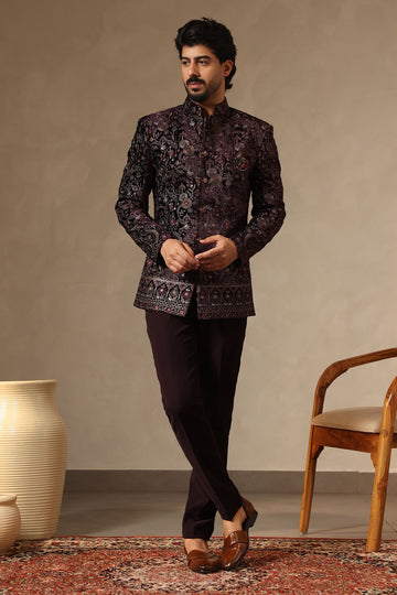 Floral Wine Embroidered Jodhpuri Jacket with Formal Trousers