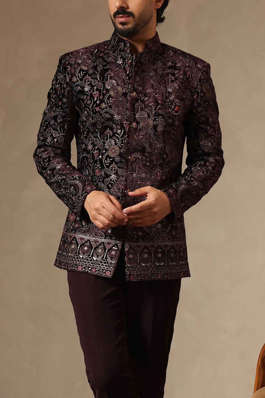 Floral Wine Embroidered Jodhpuri Jacket with Formal Trousers