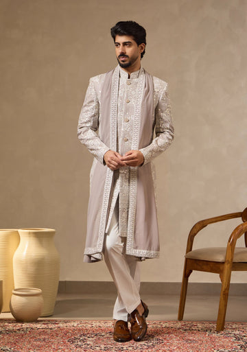 Natural Earthy Grey Embroidered Sherwani Set with Dupatta