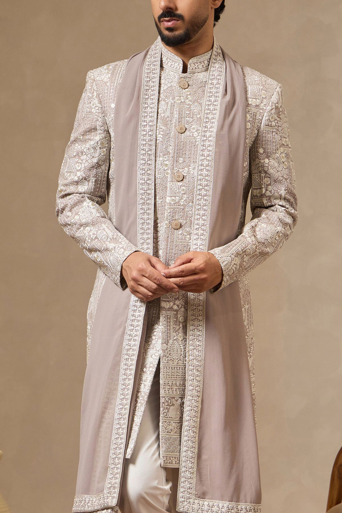 Natural Earthy Grey Embroidered Sherwani Set with Dupatta