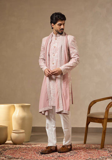 Pink Embroidered Sherwani Set with Dupatta