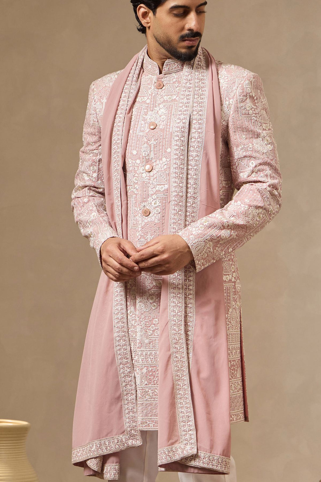 Pink Embroidered Sherwani Set with Dupatta