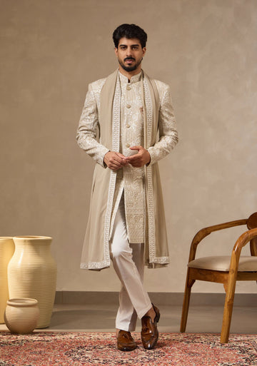 Beige Pista Embroidered Sherwani Set with Dupatta