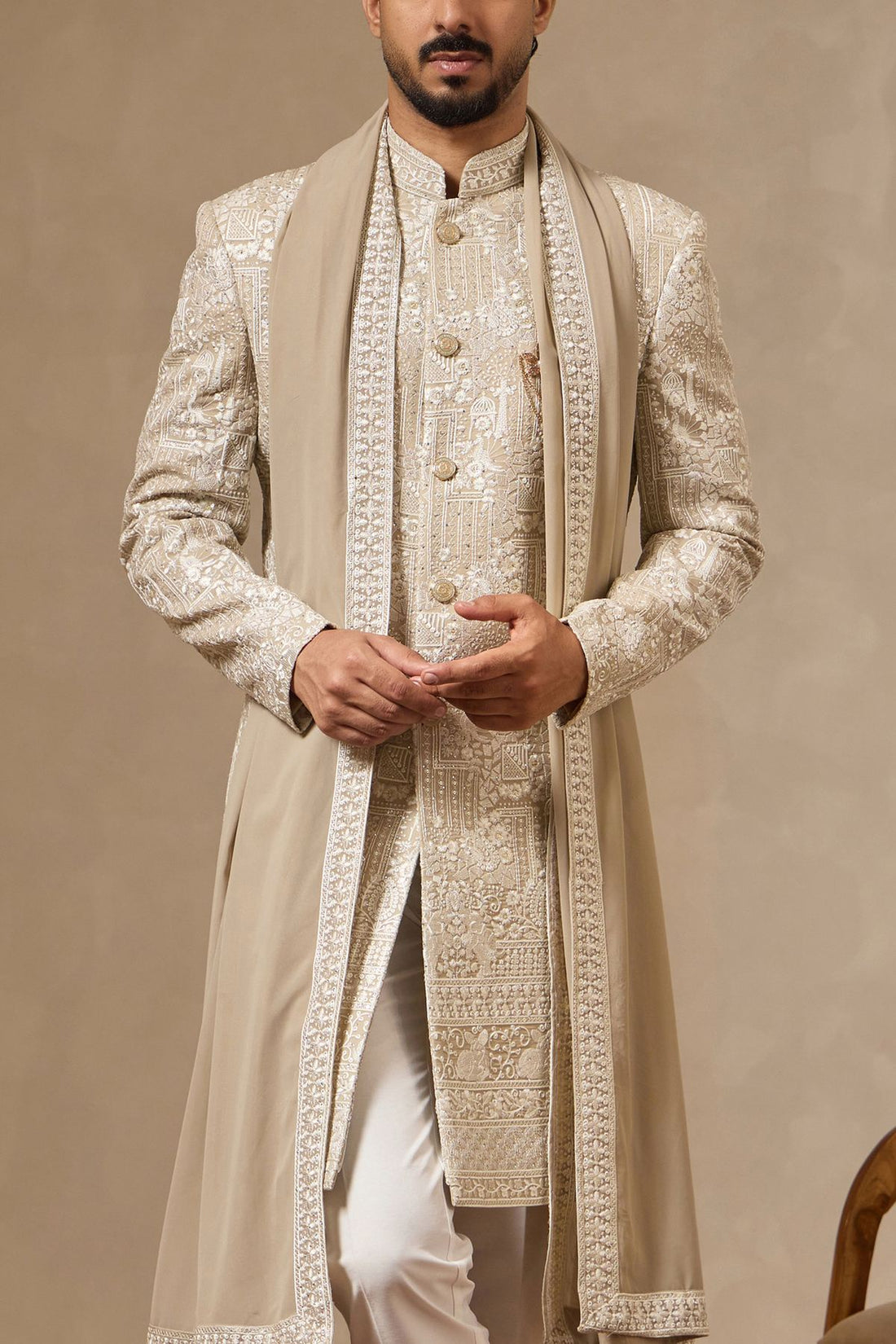 Beige Pista Embroidered Sherwani Set with Dupatta