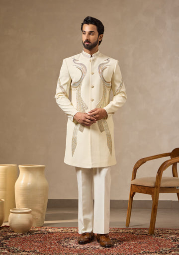 Ivory Hand- Embroidered Sherwani Set with Peacock Motif for Men
