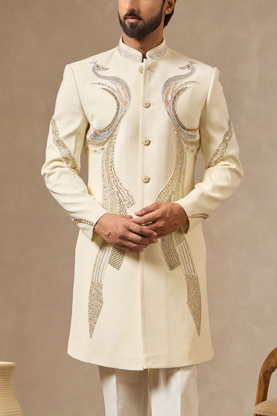 Ivory Hand- Embroidered Sherwani Set with Peacock Motif for Men