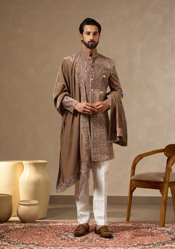 Brown Intricate Heritage Embroidered Sherwani Set with Matching Dupatta for Men