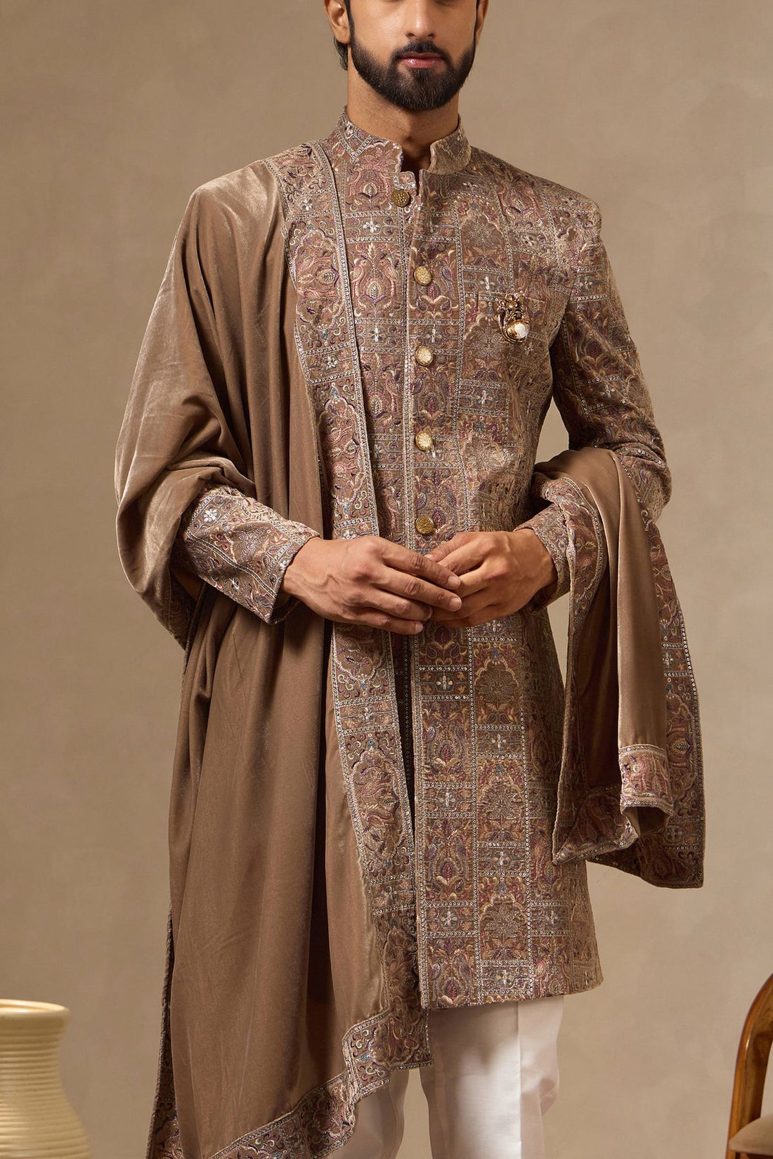 Brown Intricate Heritage Embroidered Sherwani Set with Matching Dupatta for Men