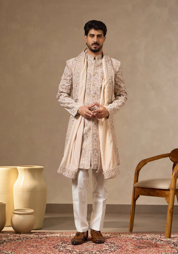 Ivory Intricate Heritage Embroidered Sherwani Set with Matching Dupatta for Men