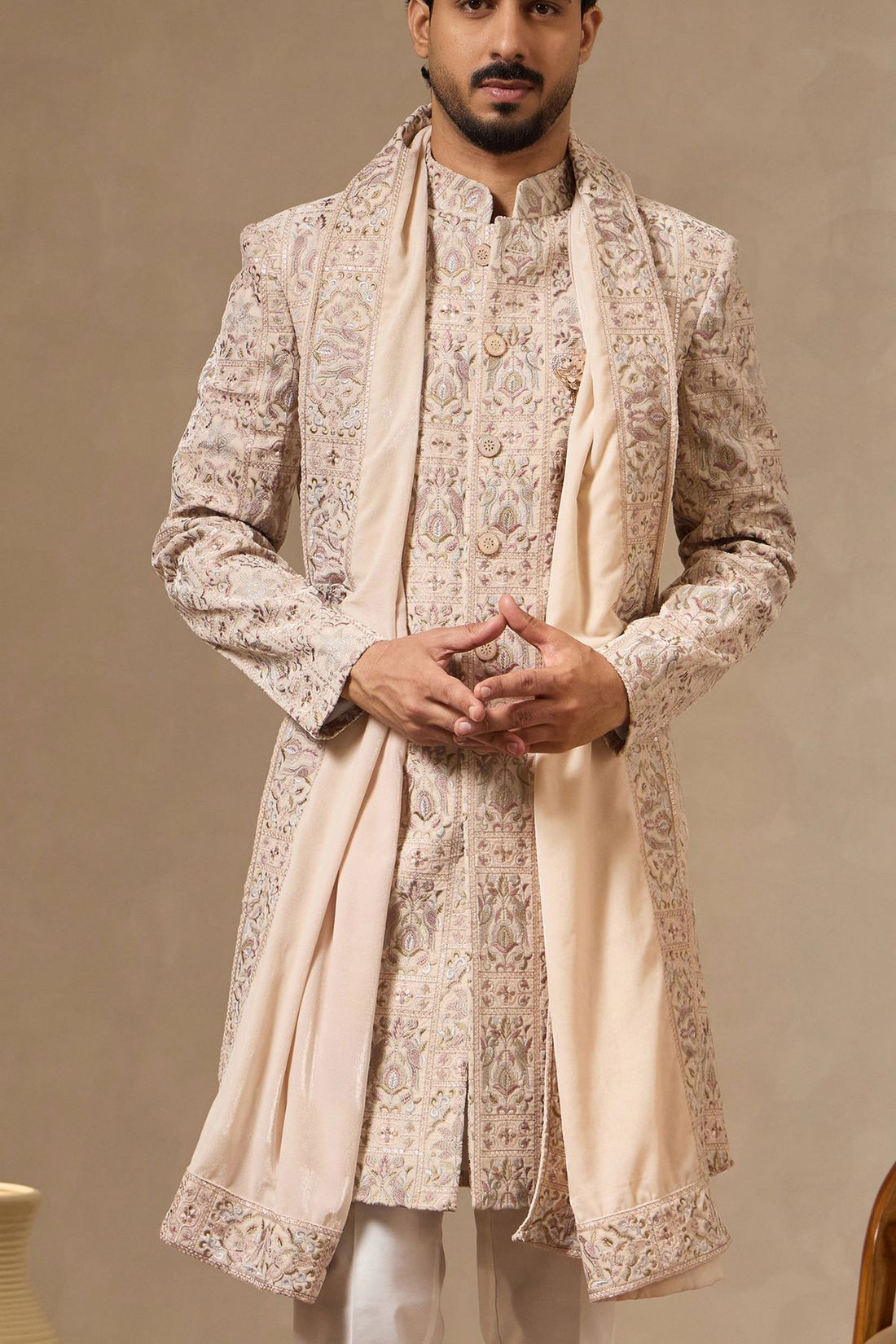 Ivory Intricate Heritage Embroidered Sherwani Set with Matching Dupatta for Men
