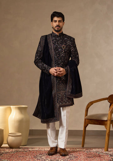 Navy Blue Velvet Embroidered Sherwani Set with Dupatta for Men