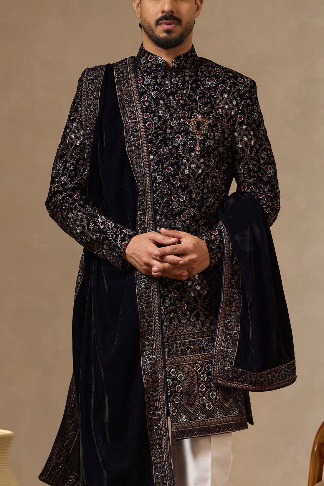 Navy Blue Velvet Embroidered Sherwani Set with Dupatta for Men