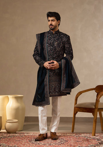 Rama Green Velvet Embroidered Sherwani Set with Dupatta for Men