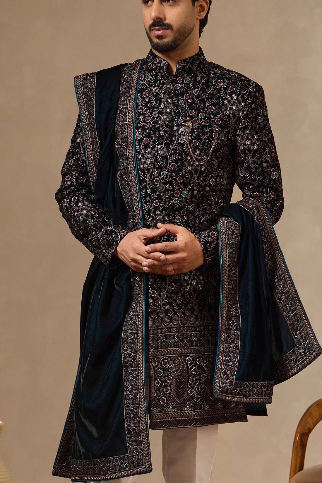 Rama Green Velvet Embroidered Sherwani Set with Dupatta for Men