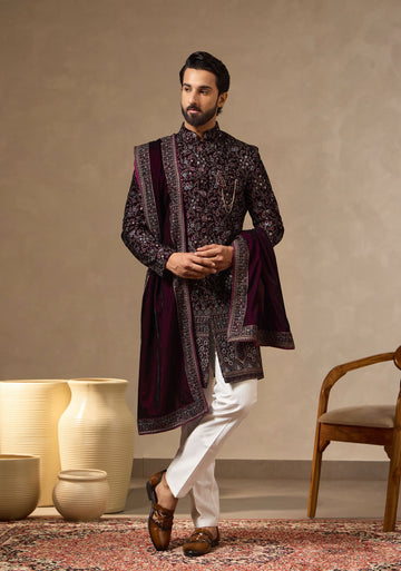 Wine Velvet Embroidered Sherwani Set with Dupatta for Men