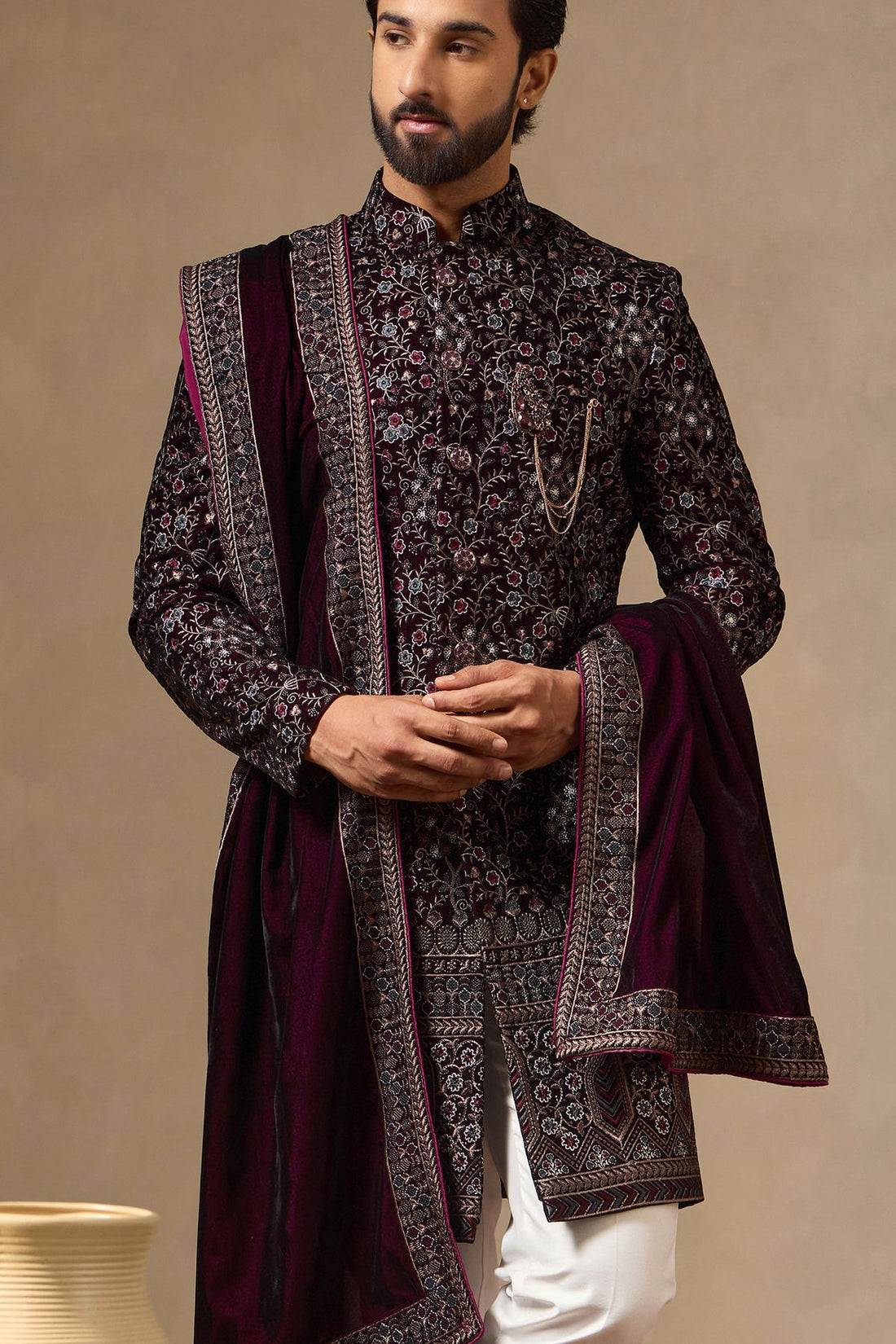 Wine Velvet Embroidered Sherwani Set with Dupatta for Men