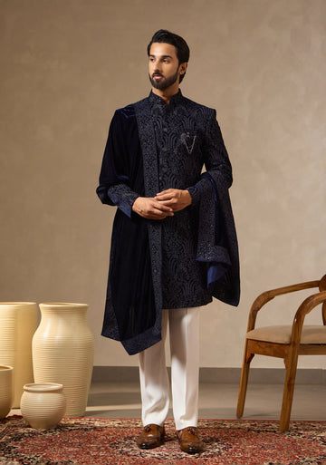 Midnight Blue Velvet Royal Embroidered Sherwani Set with Dupatta for Men