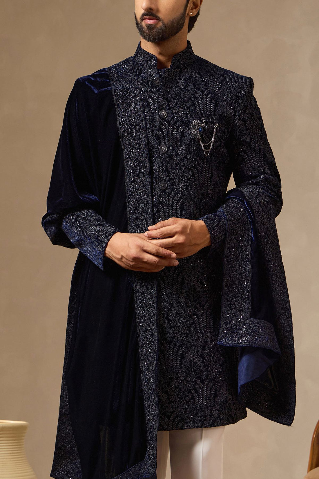 Midnight Blue Velvet Royal Embroidered Sherwani Set with Dupatta for Men