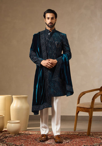 Peacock Teal Velvet Royal Embroidered Sherwani Set with Dupatta for Men