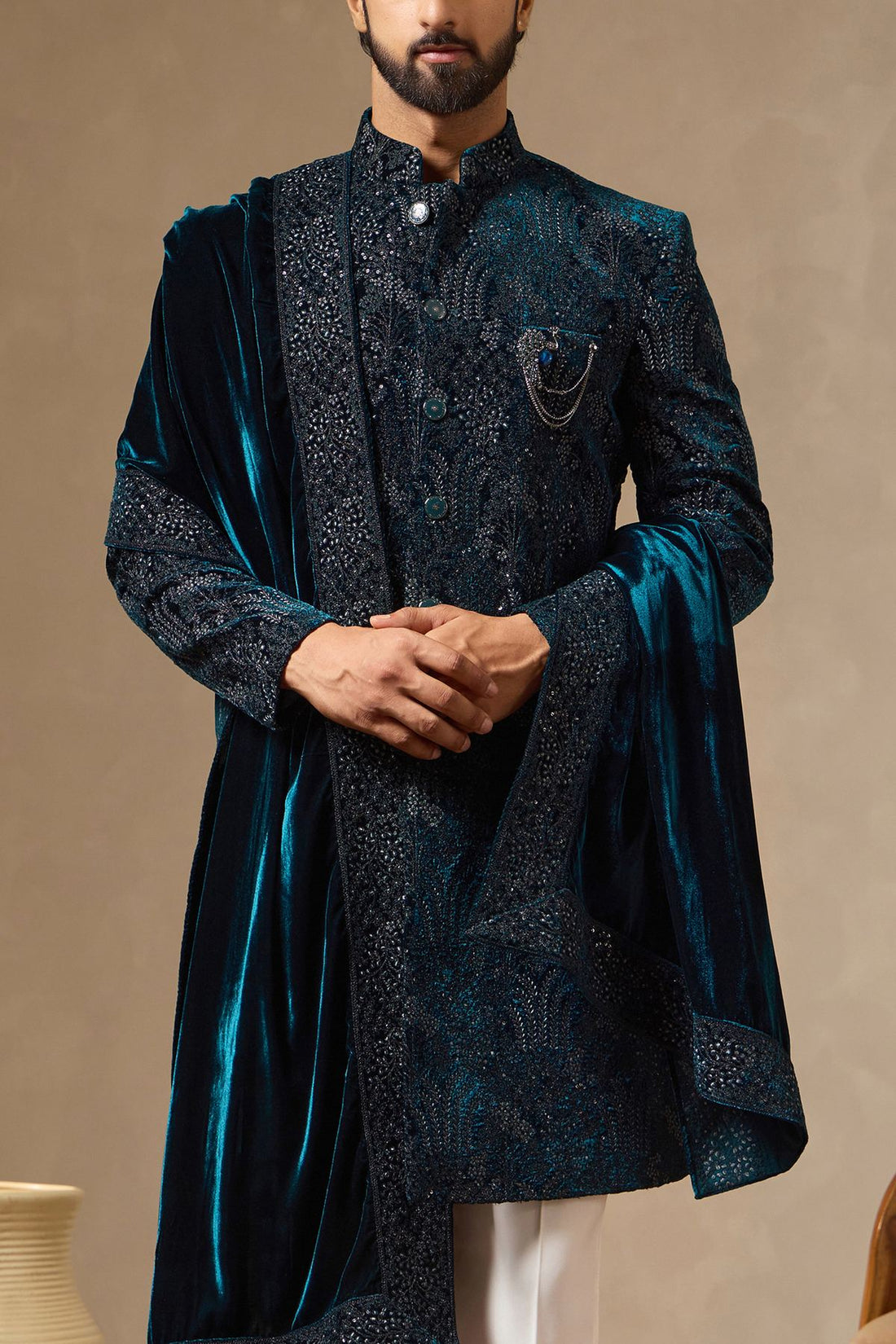 Peacock Teal Velvet Royal Embroidered Sherwani Set with Dupatta for Men
