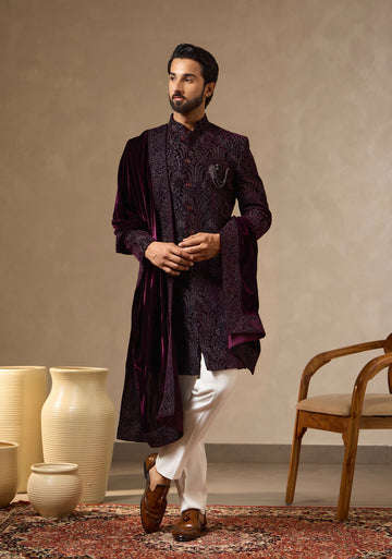 Burgundy Wine Velvet Royal Embroidered Sherwani Set with Dupatta for Men