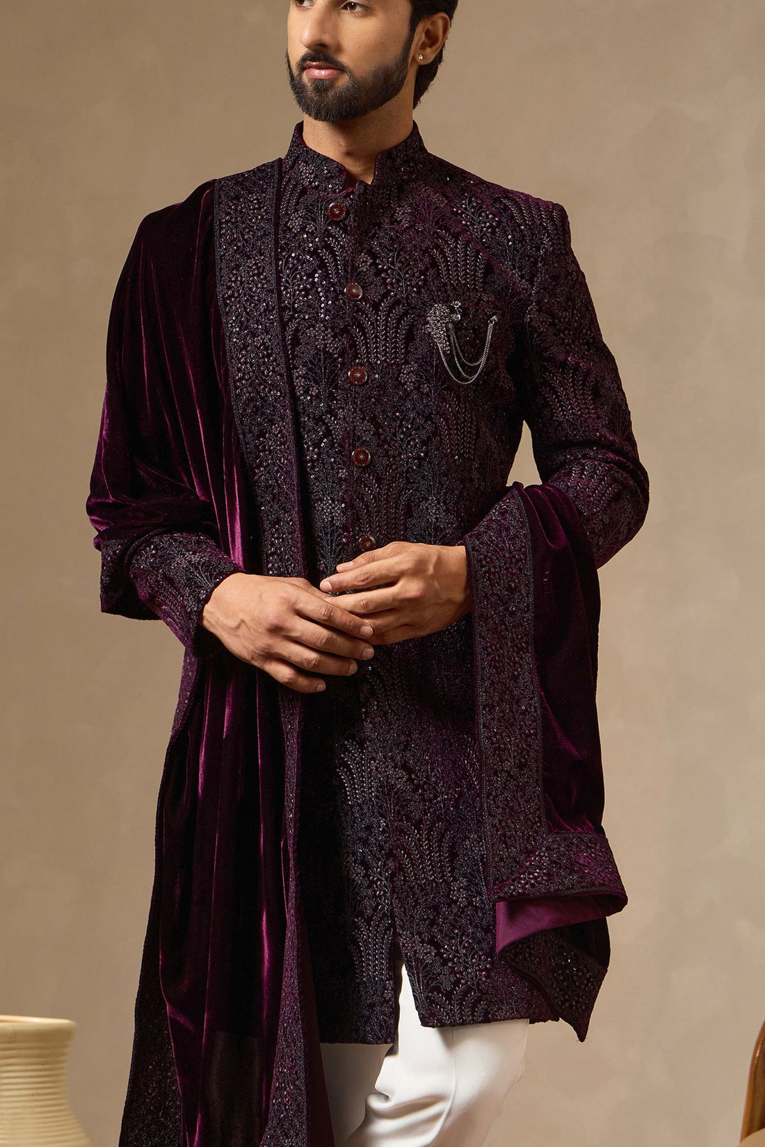 Burgundy Wine Velvet Royal Embroidered Sherwani Set with Dupatta for Men
