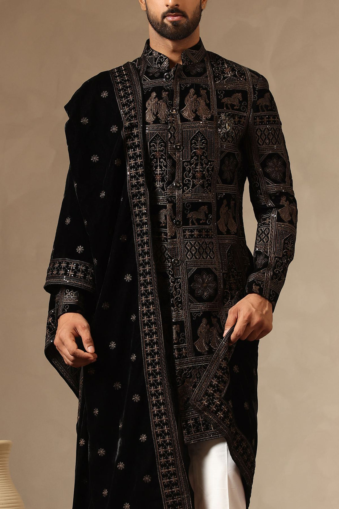 Black Heritage Embroidered Sherwani Set with Intricate Daaman work for Men