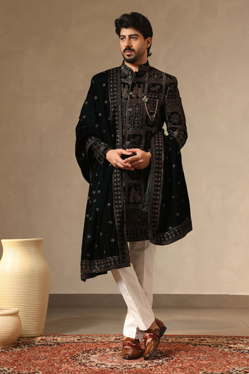 Rama Green Heritage Embroidered Sherwani Set with Intricate Daaman work for Men