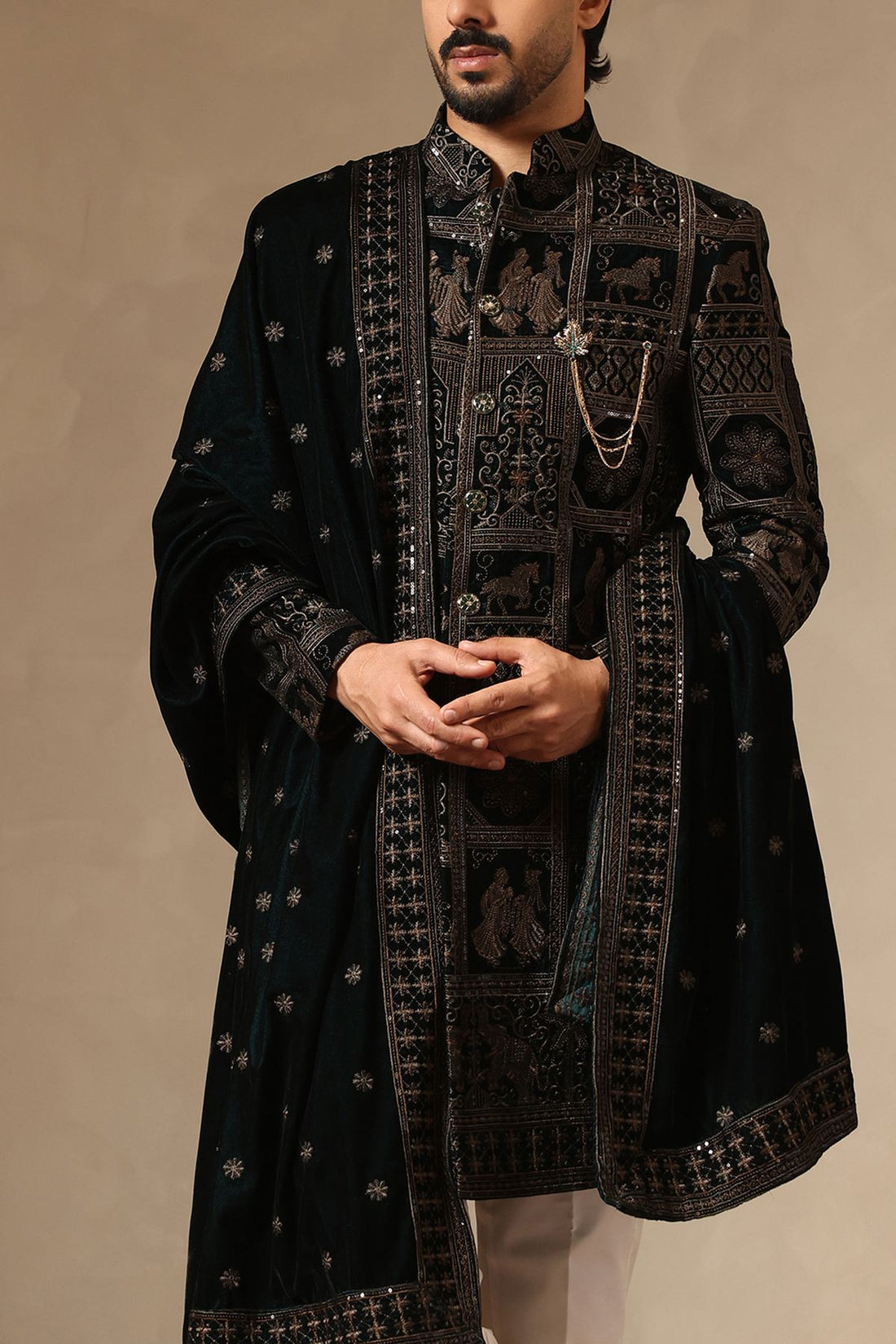 Rama Green Heritage Embroidered Sherwani Set with Intricate Daaman work for Men