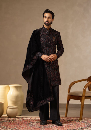 Black Regal Embroidered Sherwani Set with Intricate Hand Embroidered Floral Motif for Men