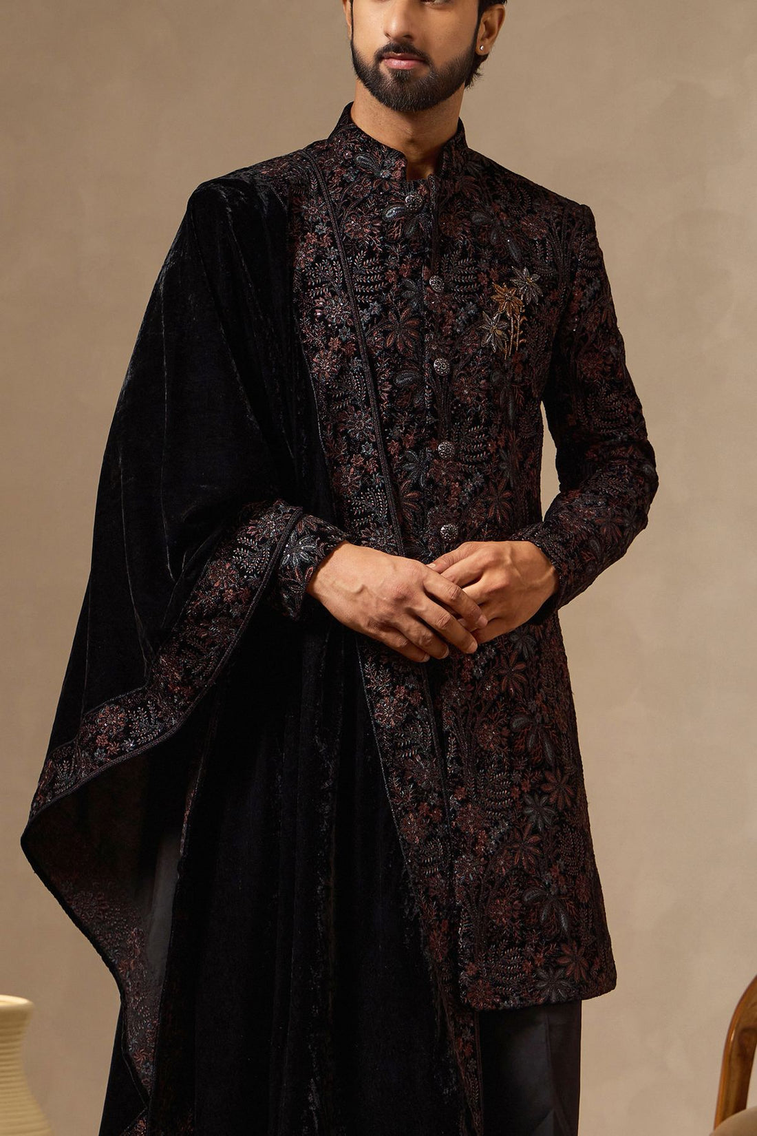 Black Regal Embroidered Sherwani Set with Intricate Hand Embroidered Floral Motif for Men