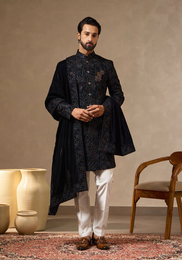 Rama Green Regal Embroidered Sherwani Set with Intricate Hand Embroidered Floral Motif for Men