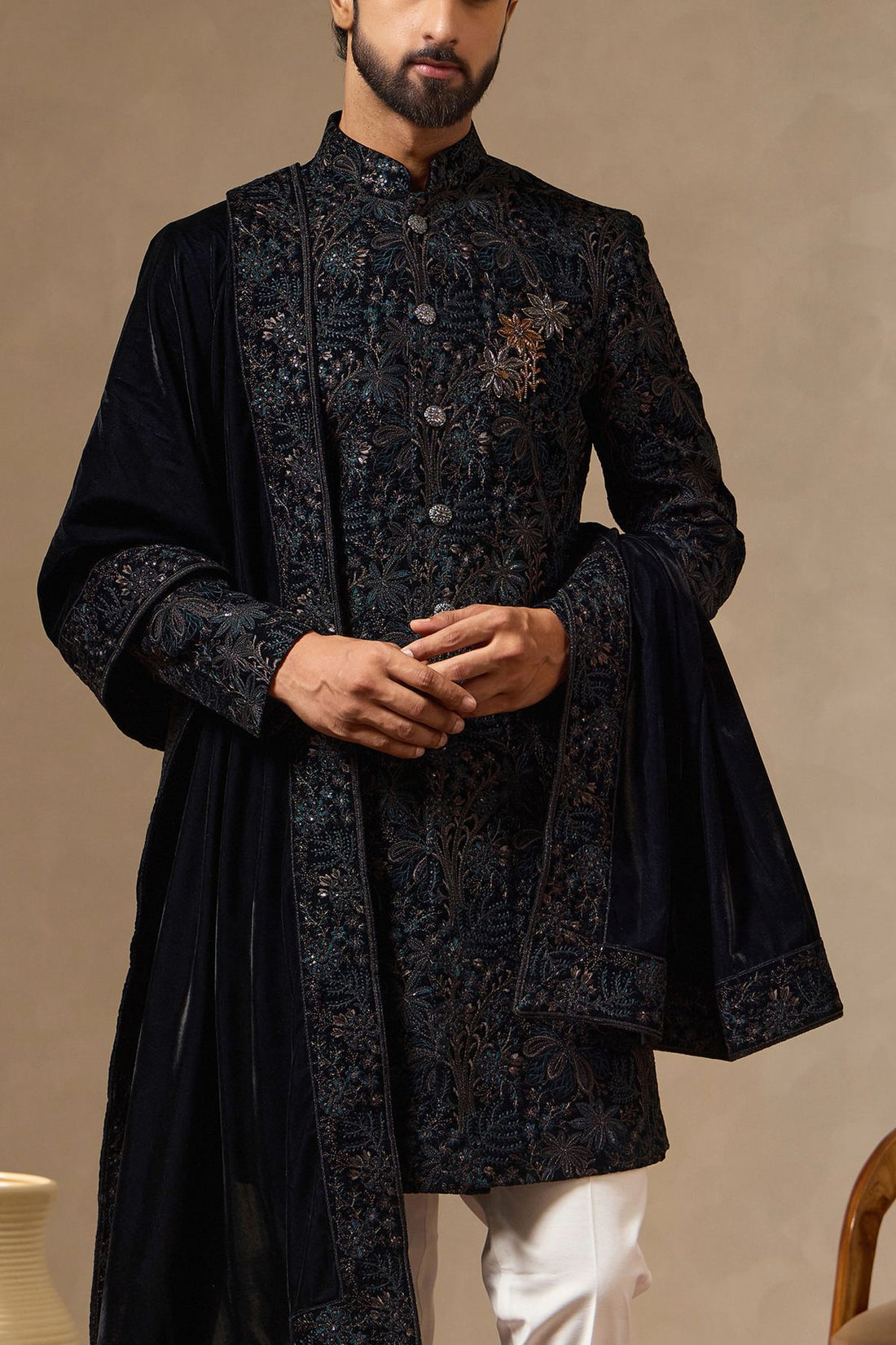 Rama Green Regal Embroidered Sherwani Set with Intricate Hand Embroidered Floral Motif for Men