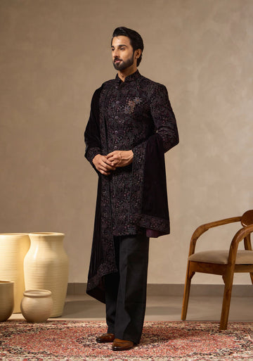 Wine Regal Embroidered Sherwani Set with Intricate Hand Embroidered Floral Motif for Men