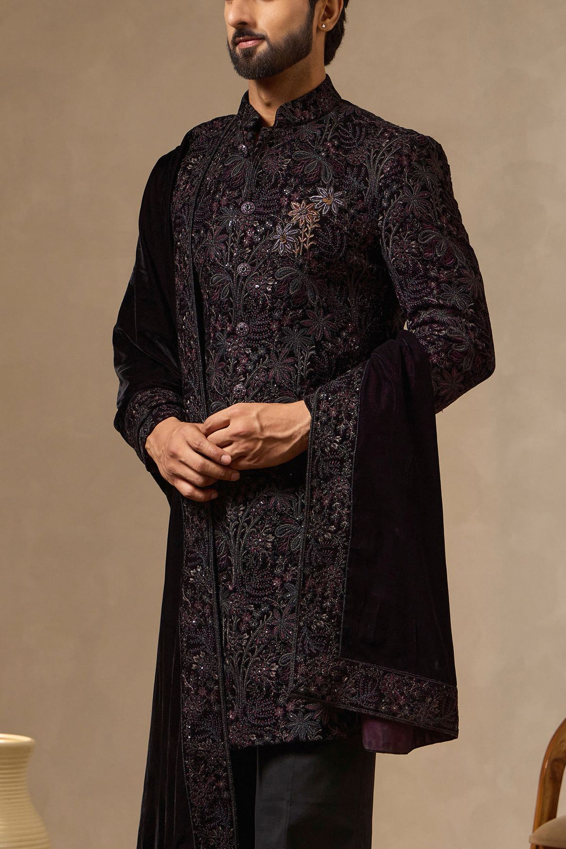 Wine Regal Embroidered Sherwani Set with Intricate Hand Embroidered Floral Motif for Men