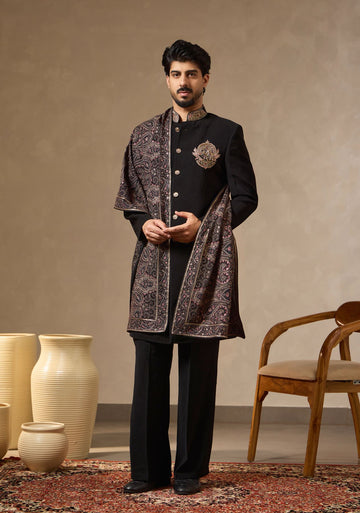 Black Embroidered Sherwani Set with Statement Crest Motif, Heavy Embroidered Dupatta & Bootcut Pants