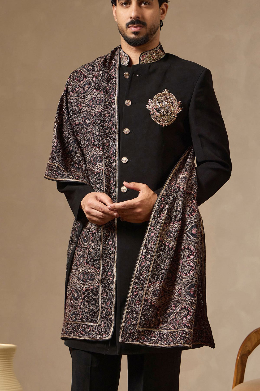 Black Embroidered Sherwani Set with Statement Crest Motif, Heavy Embroidered Dupatta & Bootcut Pants