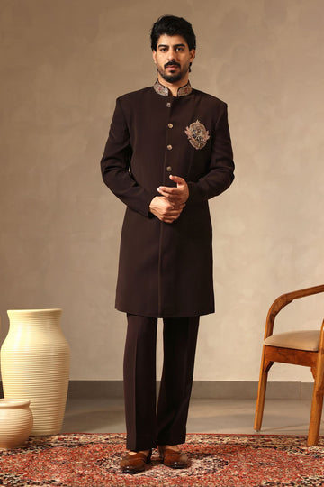 Coffee Brown Embroidered Sherwani Set with Statement Crest Motif, Heavy Embroidered Dupatta & Bootcut Pants