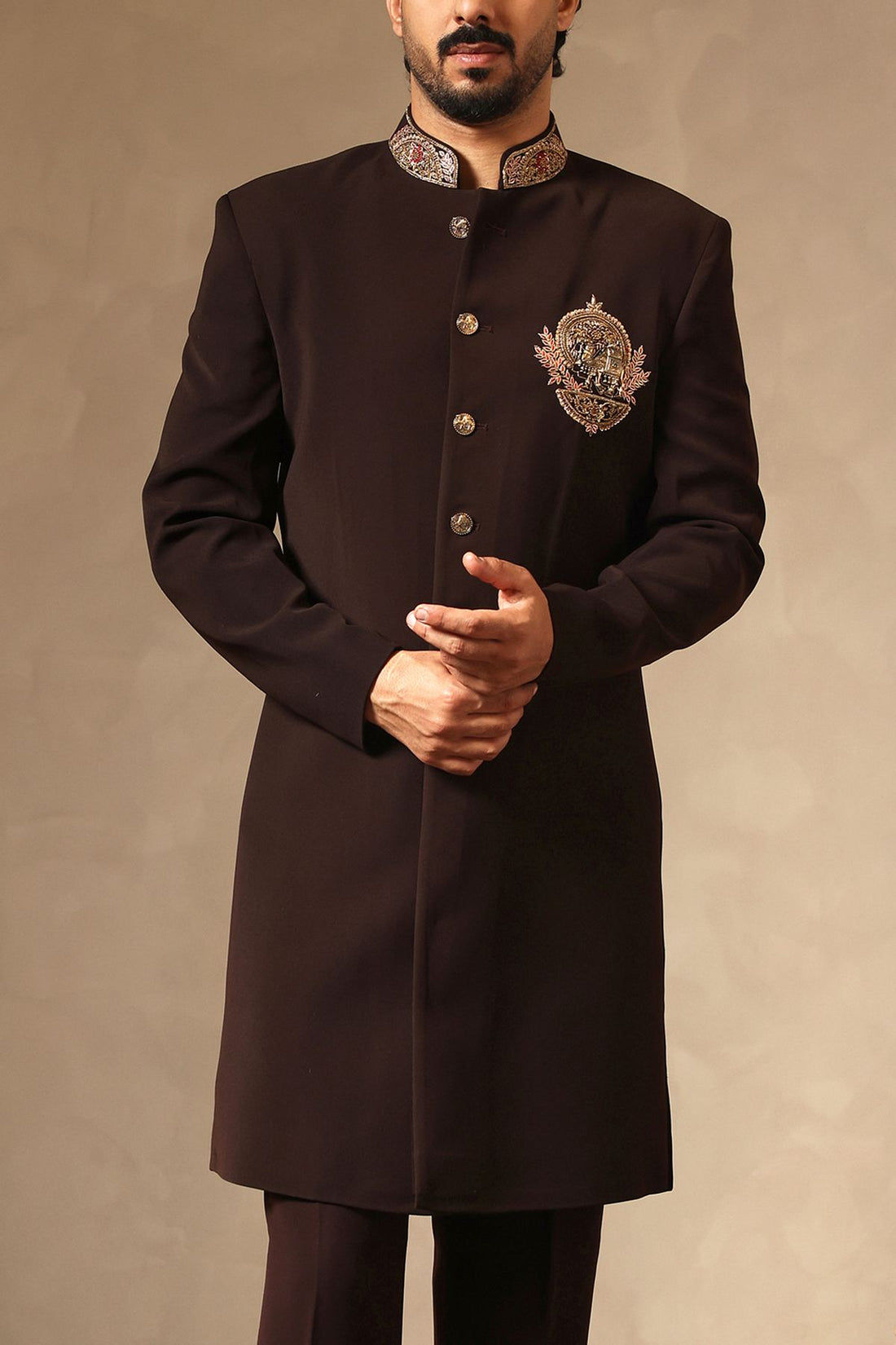 Coffee Brown Embroidered Sherwani Set with Statement Crest Motif, Heavy Embroidered Dupatta & Bootcut Pants