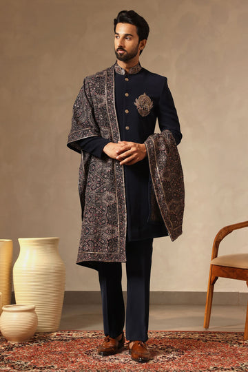 Navy Blue Embroidered Sherwani Set with Statement Crest Motif, Heavy Embroidered Dupatta & Bootcut Pants