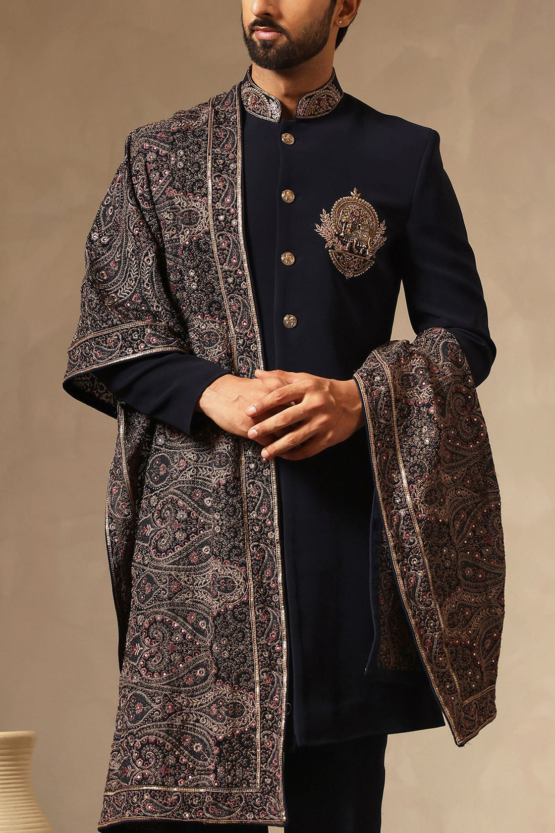 Navy Blue Embroidered Sherwani Set with Statement Crest Motif, Heavy Embroidered Dupatta & Bootcut Pants