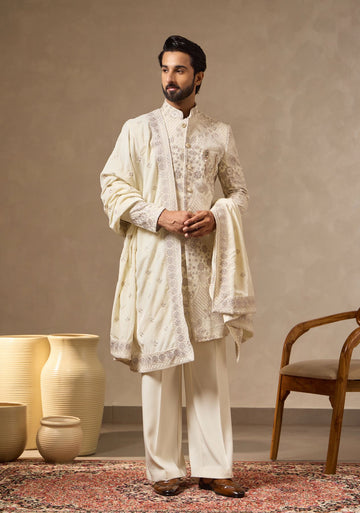 Elegant Ivory Embroidered Sherwani Set with Dupatta for Sundowner Wedding