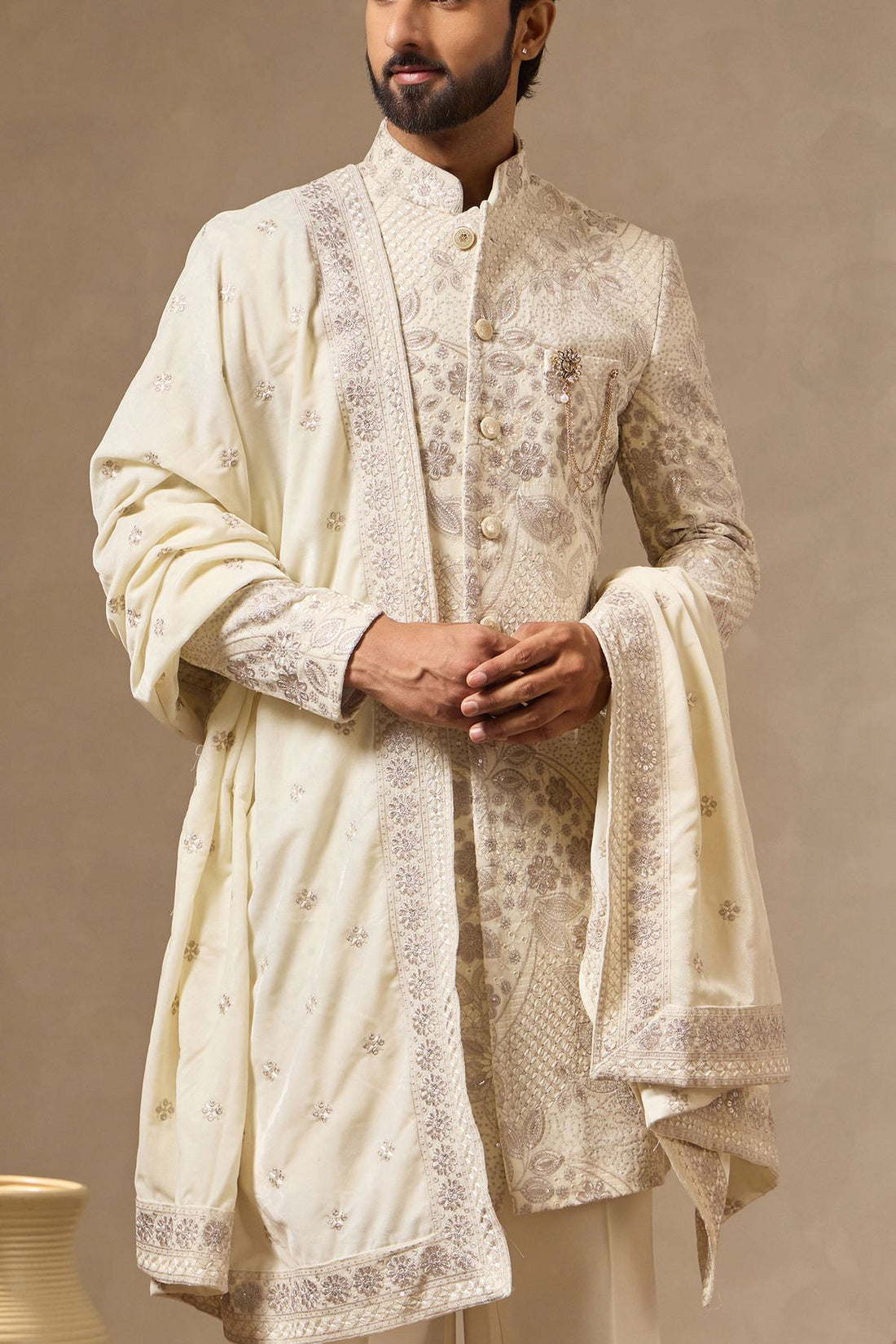Elegant Ivory Embroidered Sherwani Set with Dupatta for Sundowner Wedding