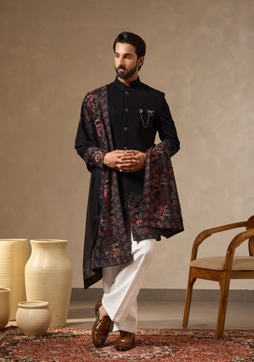 Black Embroidered Sherwani Set for Men with All-Over Stone Work & Heavy Embroidered Dupatta