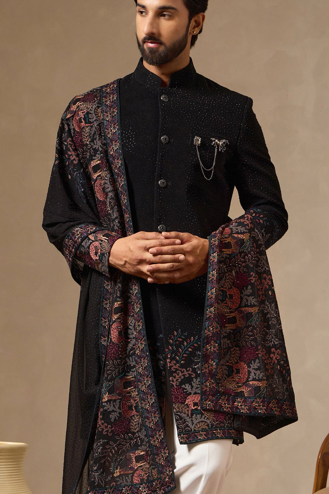 Black Embroidered Sherwani Set for Men with All-Over Stone Work & Heavy Embroidered Dupatta