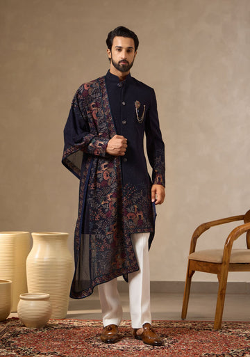 Navy Blue Embroidered Sherwani Set for Men with All-Over Stone Work & Heavy Embroidered Dupatta